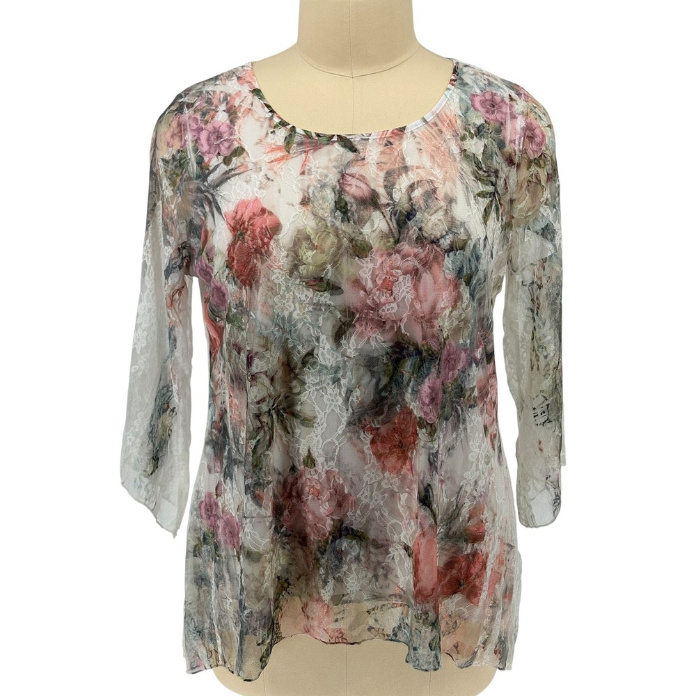 Brittany Black Floral Lace Mesh Top White‎ Pink 3/4 Sleeve 2X